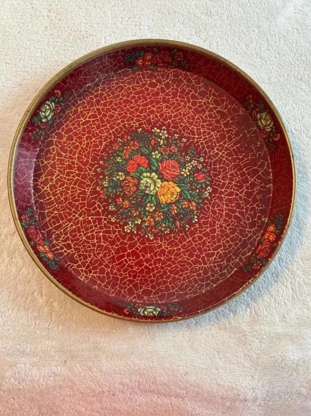 Vintage Daher Decorated Ware Red Crackle Floral Tin Serving Tray 12" Made In Eng